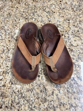 Chaco Brown and Tan Leather Flip Flops